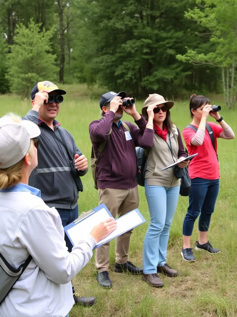 A photograph depicting a group of members participating in a wildlife census, using binoculars and notebooks in a natural setting. The image should convey a sense of scientific observation and dedication to wildlife monitoring.