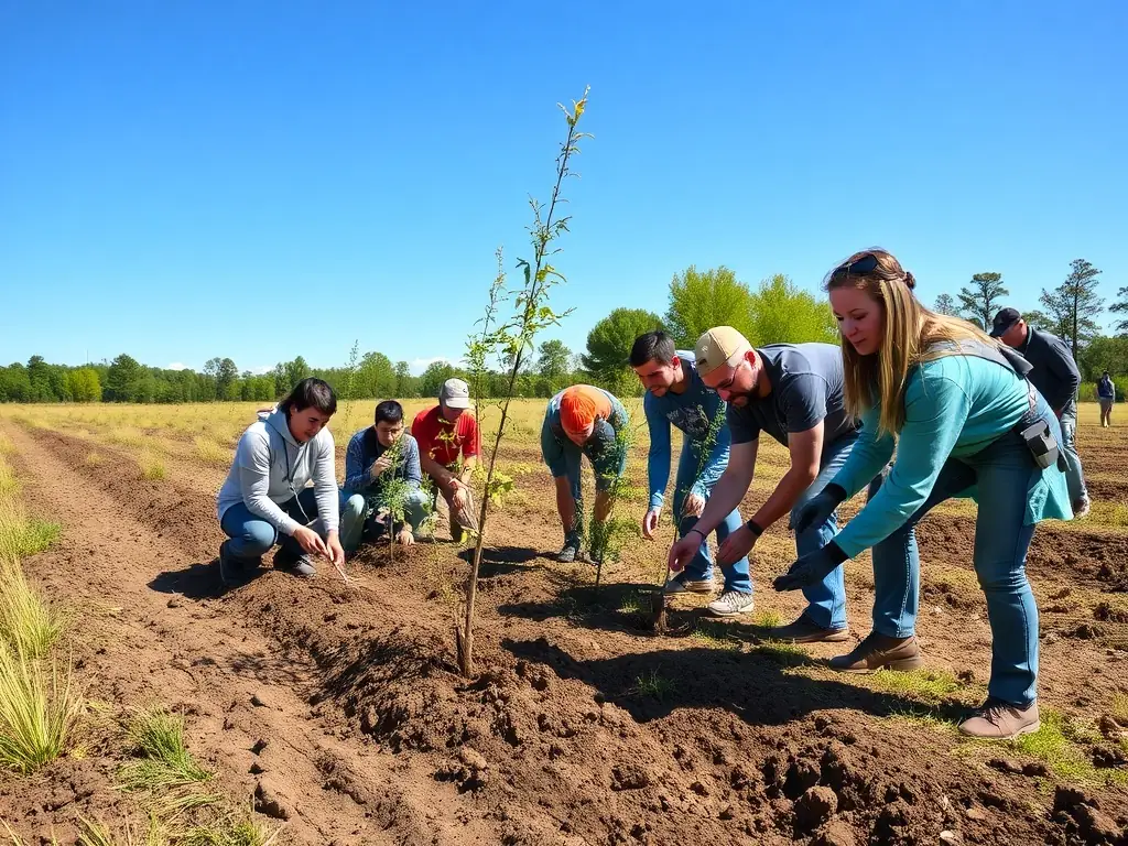 A group of volunteers planting trees in a deforested area, symbolizing habitat restoration efforts by ASS COMMUNALE DE CHASSE AGREE.