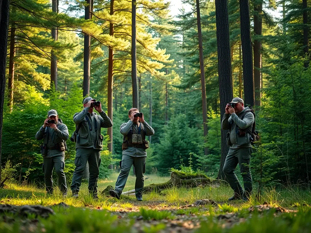 A photograph showing members of the hunting association participating in a wildlife monitoring activity, using binoculars and tracking equipment to observe and record data on local animal populations.