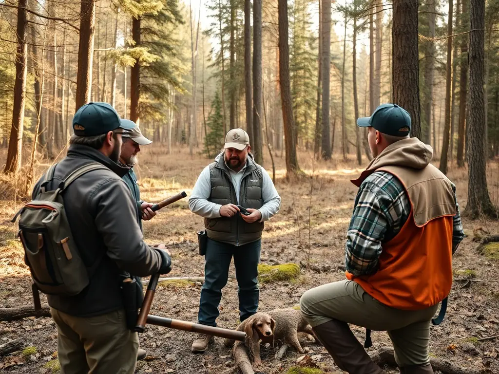 A photograph featuring a group of hunters participating in a training session on ethical hunting practices, led by an experienced instructor. The image should emphasize responsible and sustainable hunting techniques.