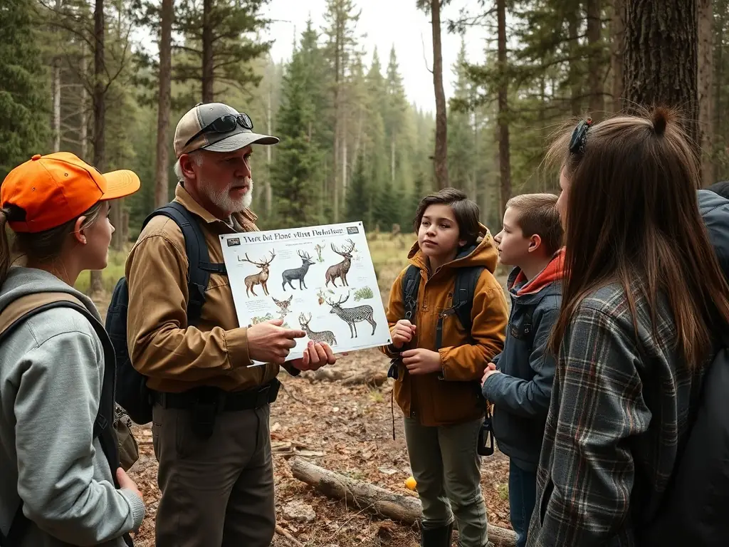 A photograph of a wildlife expert leading a workshop on responsible hunting practices for community members.