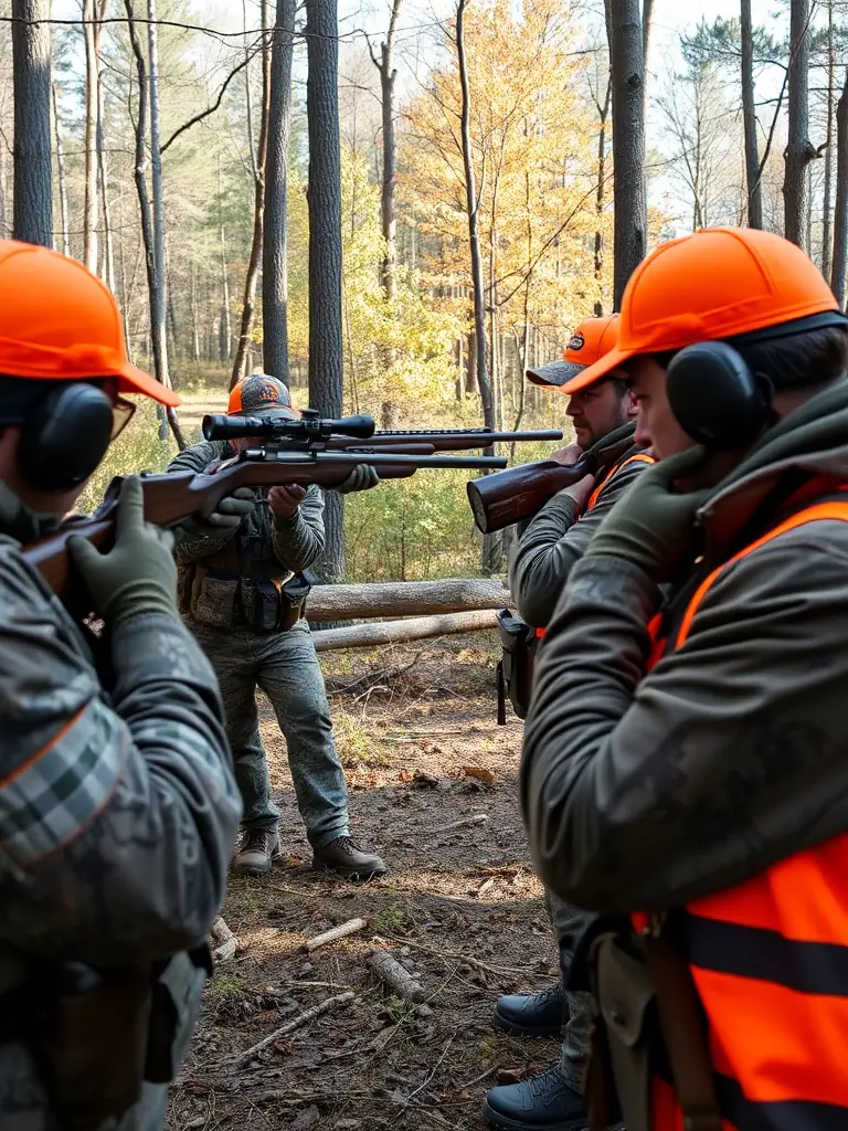 A group of hunters participating in a controlled hunt, emphasizing safety and ethical practices, with a focus on sustainable wildlife management.