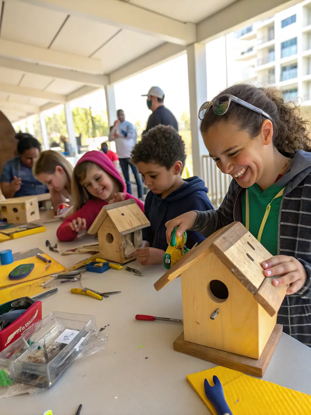 A photograph showing volunteers constructing birdhouses and small animal shelters in a forest area. The image should highlight the hands-on aspect of habitat improvement and community involvement.