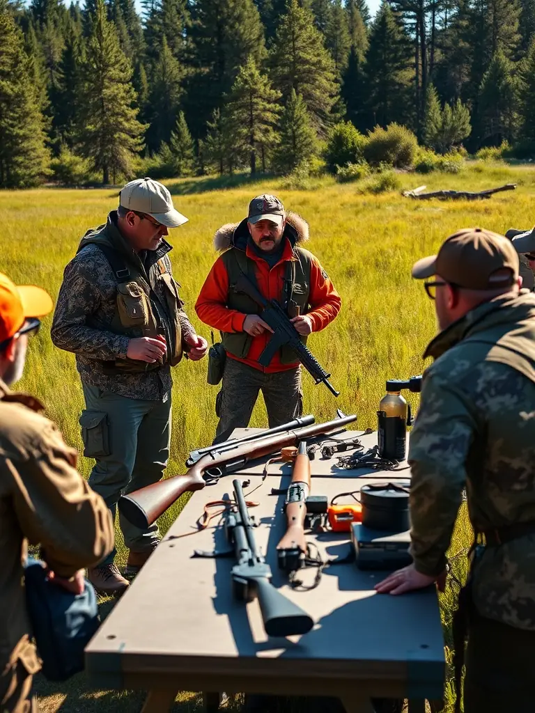 A photograph of a training session on ethical hunting practices, with participants learning about responsible firearm handling and wildlife identification. The image should emphasize safety and respect for nature.