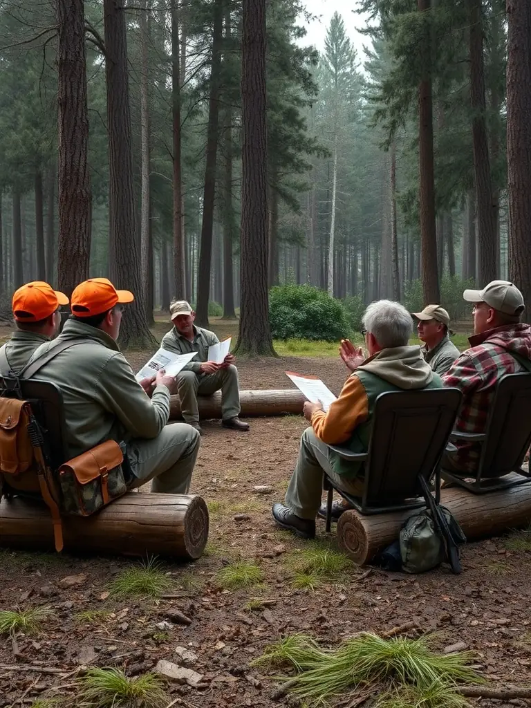 A workshop where experienced hunters are teaching young members about wildlife identification, conservation ethics, and responsible hunting techniques.