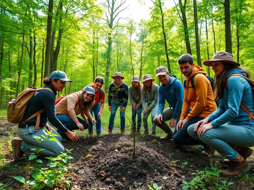 A photograph depicting a group of volunteers participating in a habitat restoration project, planting native trees and shrubs in a local forest area. The image should convey a sense of community involvement and environmental stewardship.