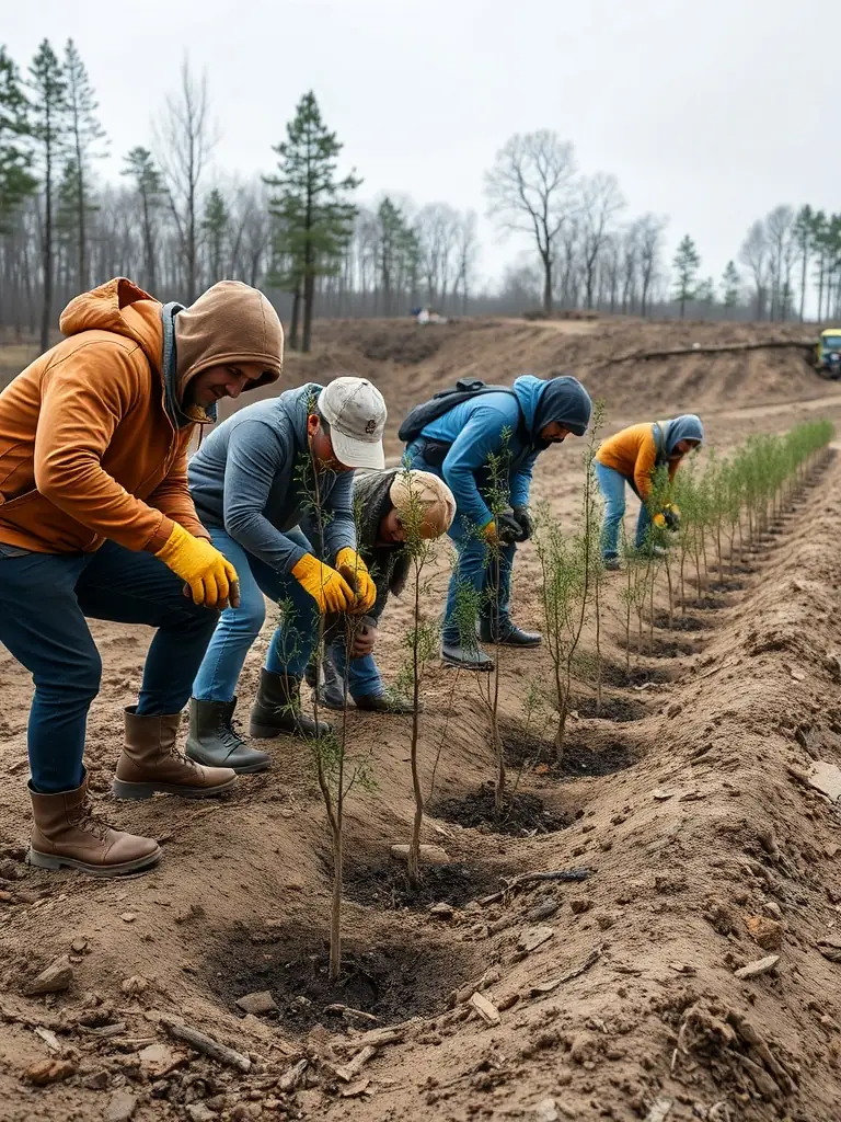 Volunteers planting native trees and shrubs to restore a degraded habitat, showcasing the organization's commitment to habitat preservation and biodiversity.