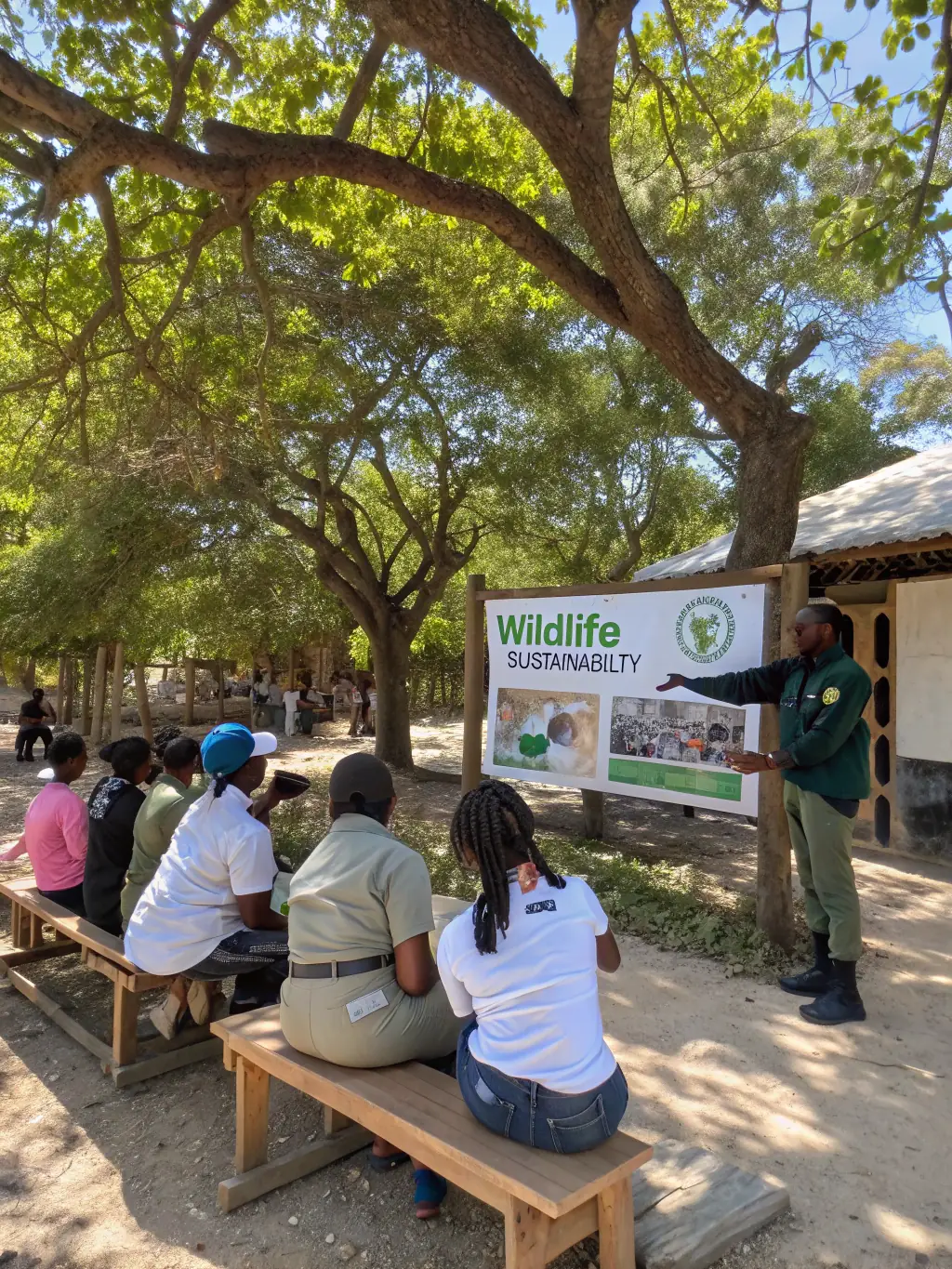 A photograph showcasing a community outreach event where members educate local residents about wildlife conservation and the importance of biodiversity. The image should convey a message of education and community engagement.